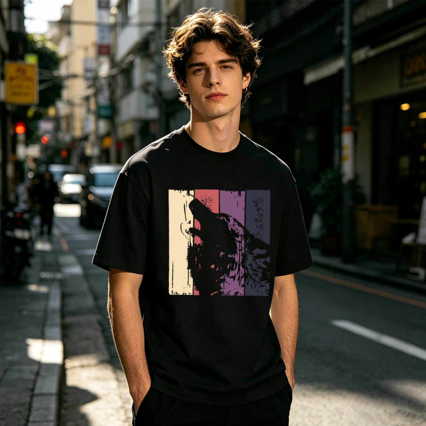 Men's Retro Striped Howling Wolf Vintage Wildlife Graphic Tee