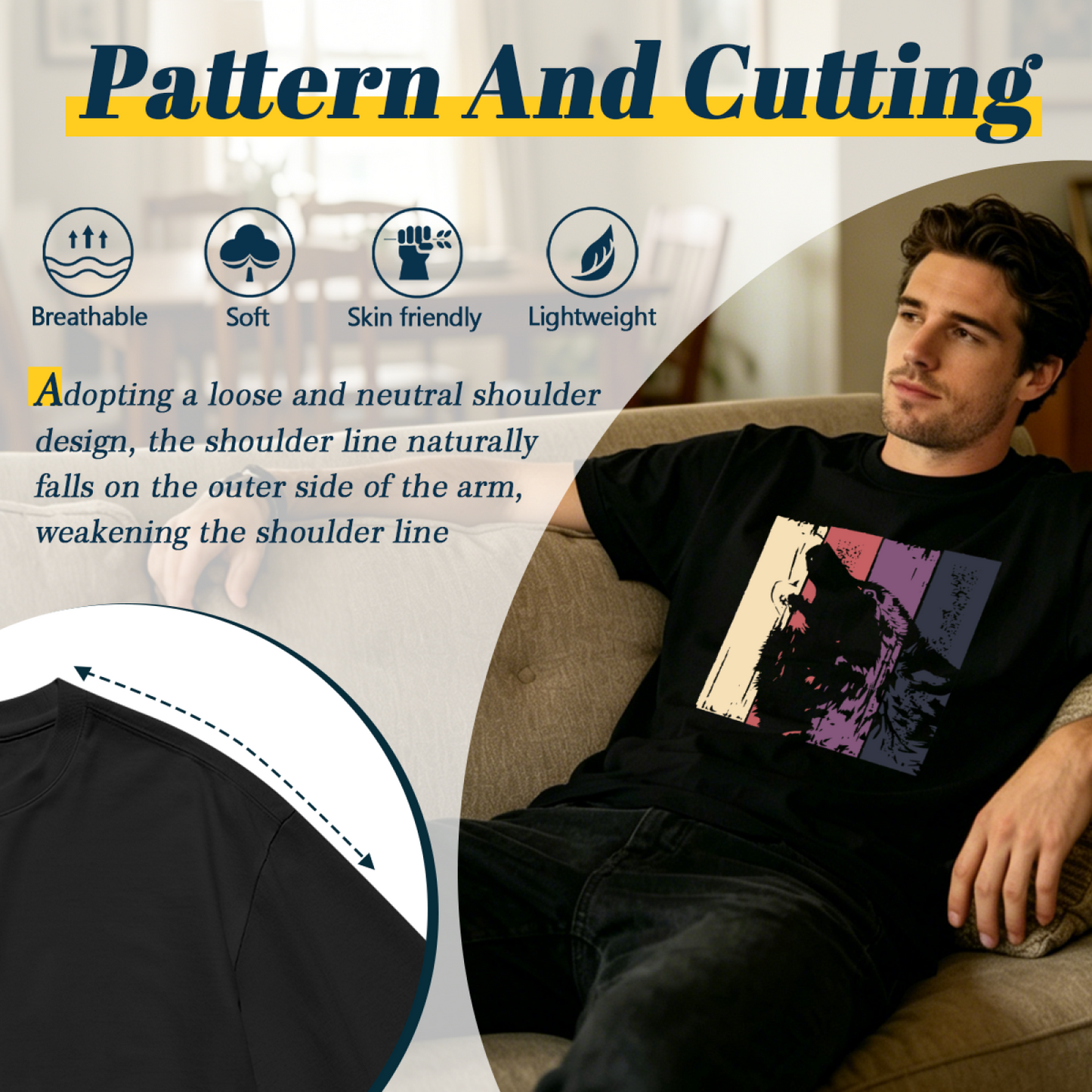 Men's Retro Striped Howling Wolf Vintage Wildlife Graphic Tee