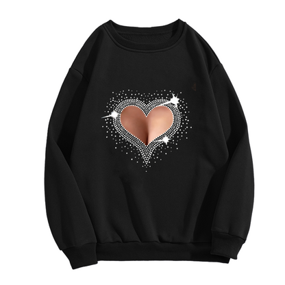 Bling Rhinestone Hollow Heart Creative Fashion Crewneck Sweatshirt