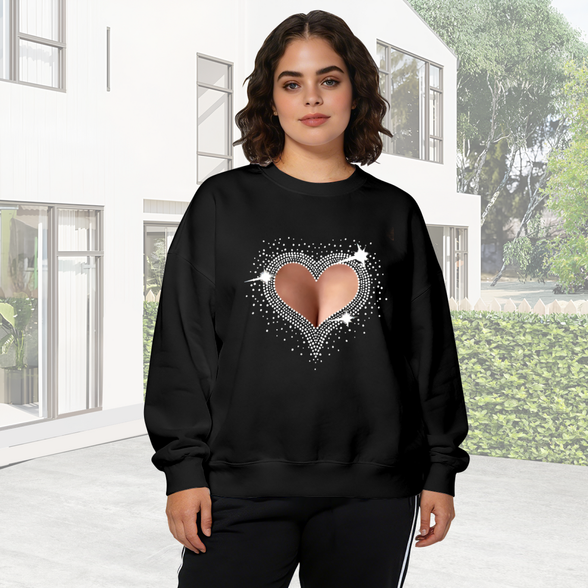 Bling Rhinestone Hollow Heart Creative Fashion Crewneck Sweatshirt