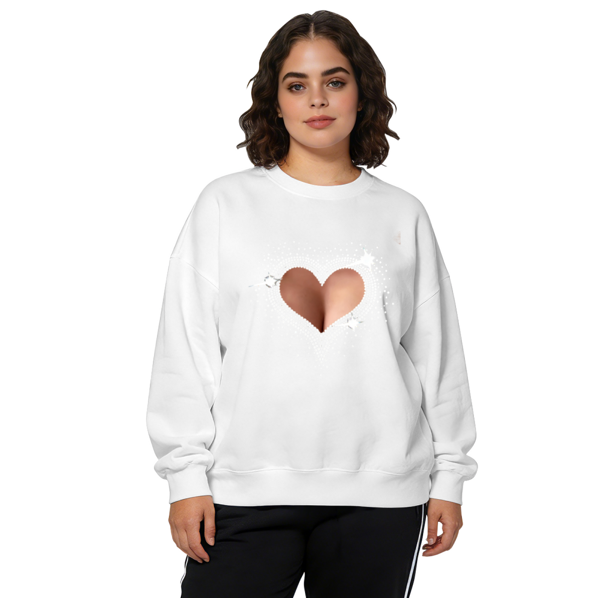Bling Rhinestone Hollow Heart Creative Fashion Crewneck Sweatshirt