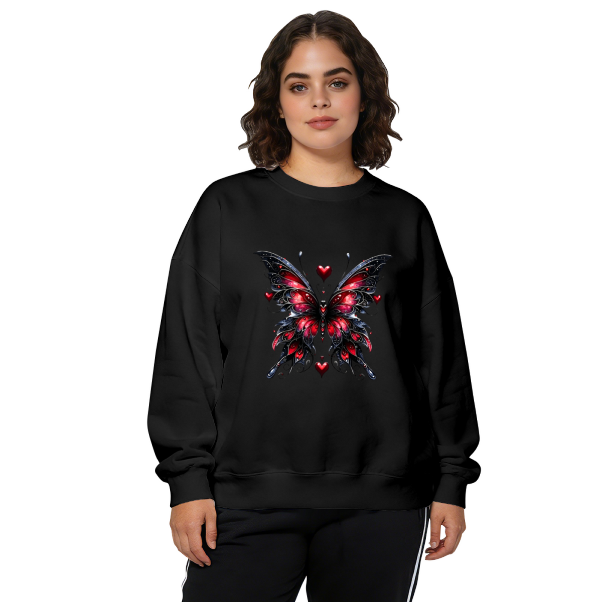 Gothic Red‑Black Butterfly With Tiny Hearts Crewneck Sweatshirt