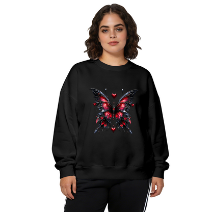 Gothic Red‑Black Butterfly With Tiny Hearts Crewneck Sweatshirt