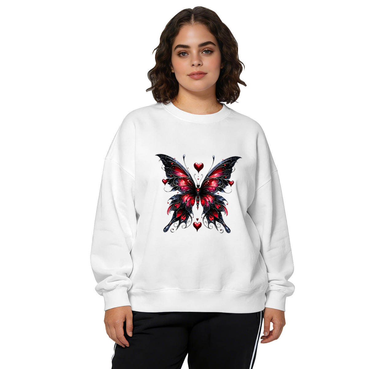 Gothic Red‑Black Butterfly With Tiny Hearts Crewneck Sweatshirt
