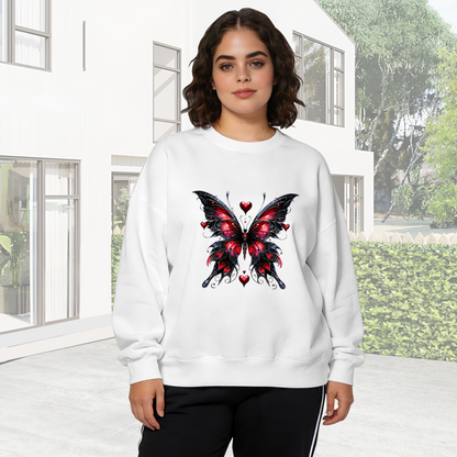 Gothic Red‑Black Butterfly With Tiny Hearts Crewneck Sweatshirt