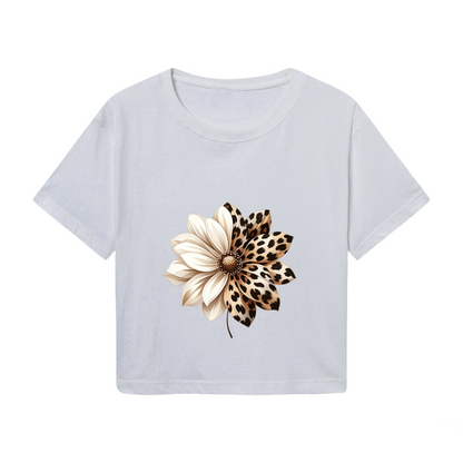 Boho Two-Tone Leopard Daisy Neutral Grey Crop Top