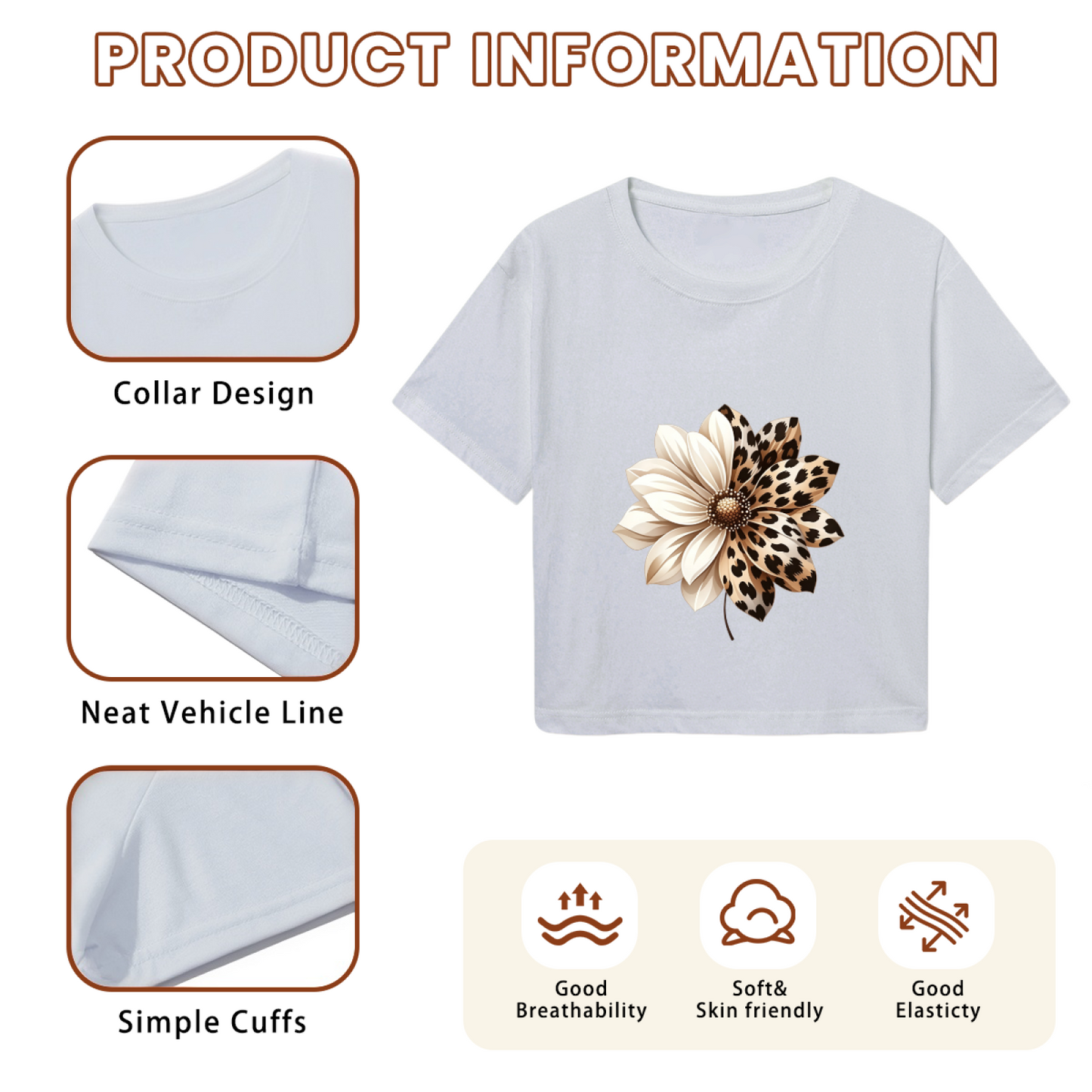 Boho Two-Tone Leopard Daisy Neutral Grey Crop Top