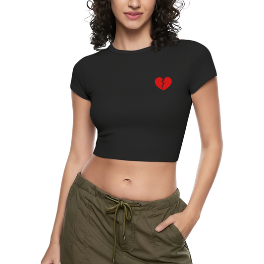 Tiny Broken Heart Pocket Detail Black Crop Top ¨C Minimal Sad Girl Aesthetic Tee