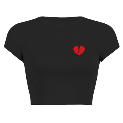 Tiny Broken Heart Pocket Detail Black Crop Top ¨C Minimal Sad Girl Aesthetic Tee