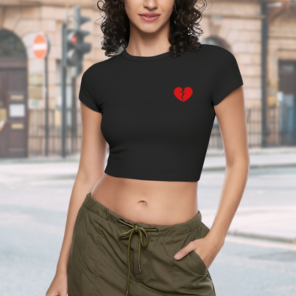 Tiny Broken Heart Pocket Detail Black Crop Top ¨C Minimal Sad Girl Aesthetic Tee