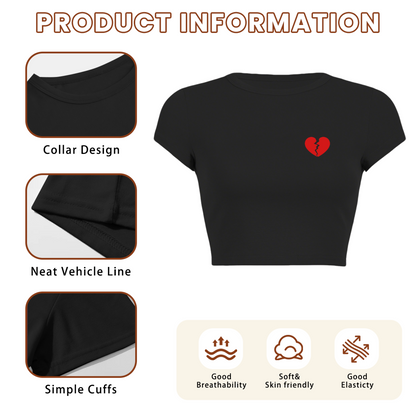 Tiny Broken Heart Pocket Detail Black Crop Top ¨C Minimal Sad Girl Aesthetic Tee