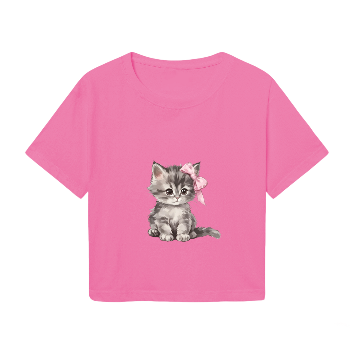 Fluffy Grey Kitten With Pink Bow Hot Pink Crop Top ¨C Sweet Girly Cat Graphic Tee