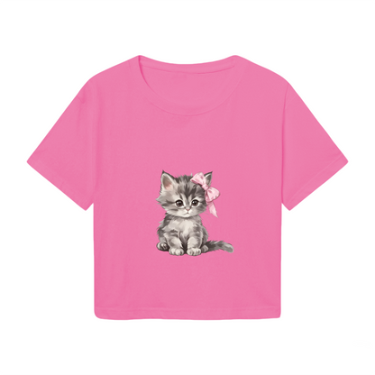 Fluffy Grey Kitten With Pink Bow Hot Pink Crop Top ¨C Sweet Girly Cat Graphic Tee