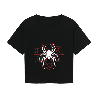 Gothic White Spider Red Web Black Crop Top ¨C Edgy Halloween Streetwear Women Tee