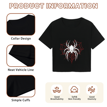Gothic White Spider Red Web Black Crop Top ¨C Edgy Halloween Streetwear Women Tee