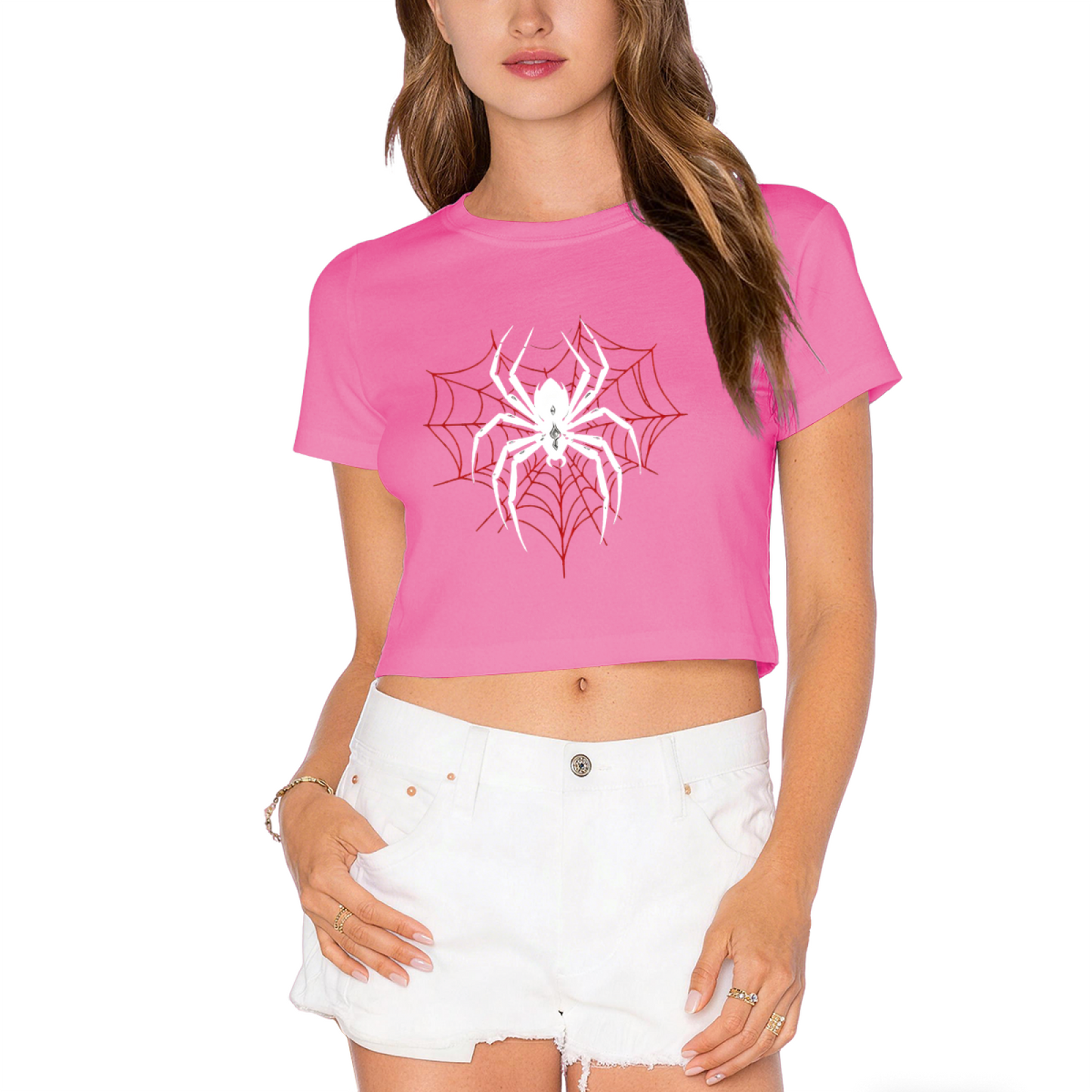Gothic White Spider Red Web Black Crop Top ¨C Edgy Halloween Streetwear Women Tee