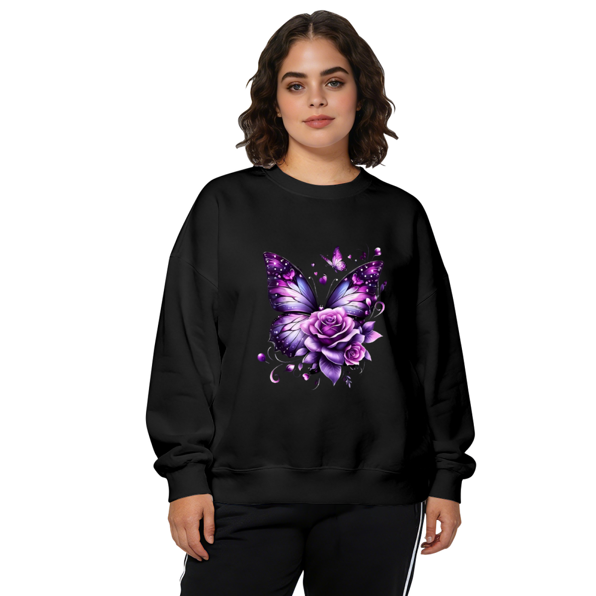 Glam Purple Butterfly & Rose Art Print Crewneck Sweatshirt