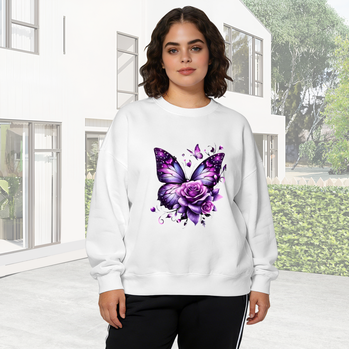 Glam Purple Butterfly & Rose Art Print Crewneck Sweatshirt