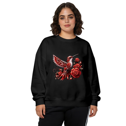 Bold Scarlet Hummingbird With Vivid Red Roses Print Crewneck Sweatshirt