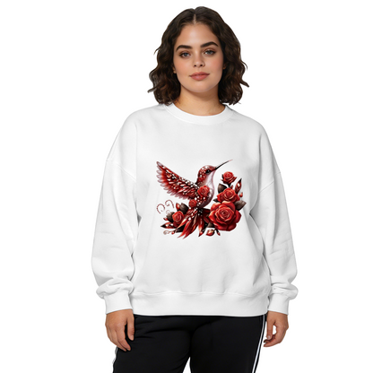 Bold Scarlet Hummingbird With Vivid Red Roses Print Crewneck Sweatshirt