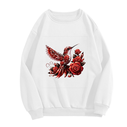 Bold Scarlet Hummingbird With Vivid Red Roses Print Crewneck Sweatshirt