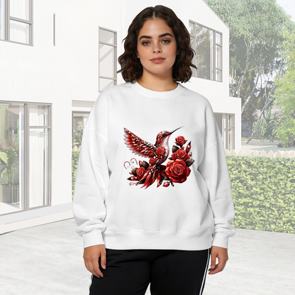Bold Scarlet Hummingbird With Vivid Red Roses Print Crewneck Sweatshirt