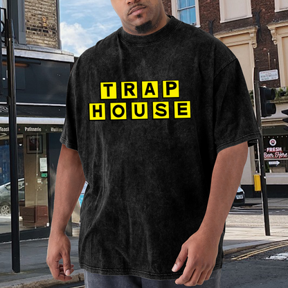 TRAP HOUSE Yellow Block Letter Streetwear Vintage T-Shirt