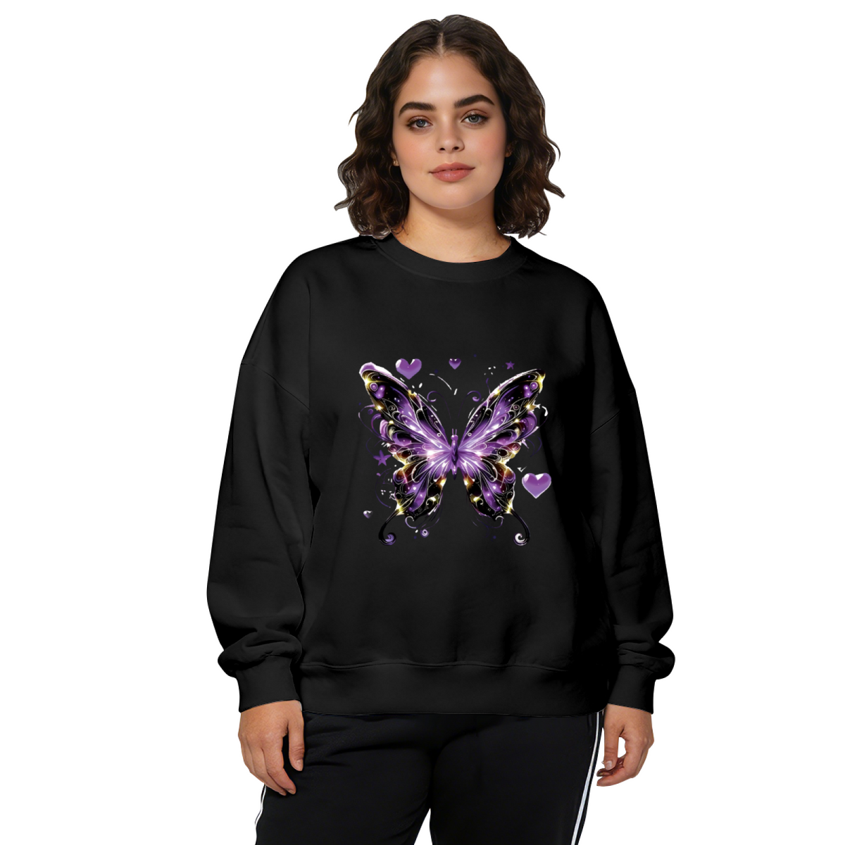 Magical Glowing Purple Butterfly With Heart Accents Crewneck Sweatshirt