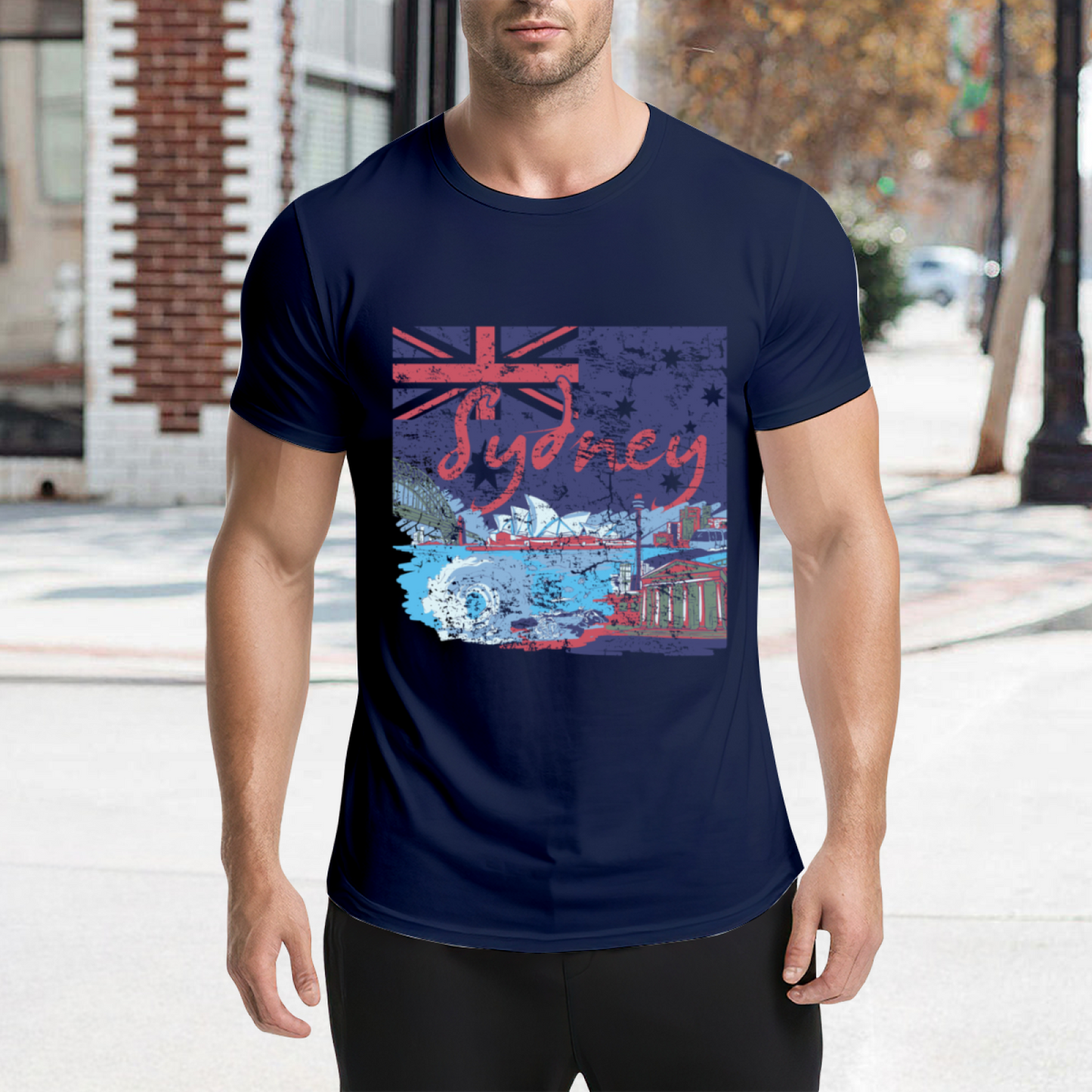 Vintage Distressed Sydney Australia Skyline Flag Navy Tee