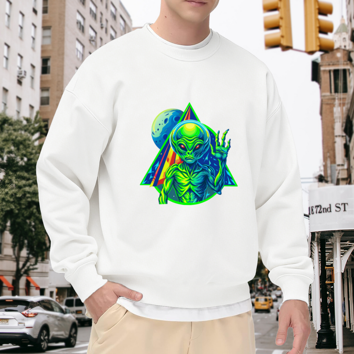 Triangular Neon Alien Wave Hand Space Crewneck Sweatshirt