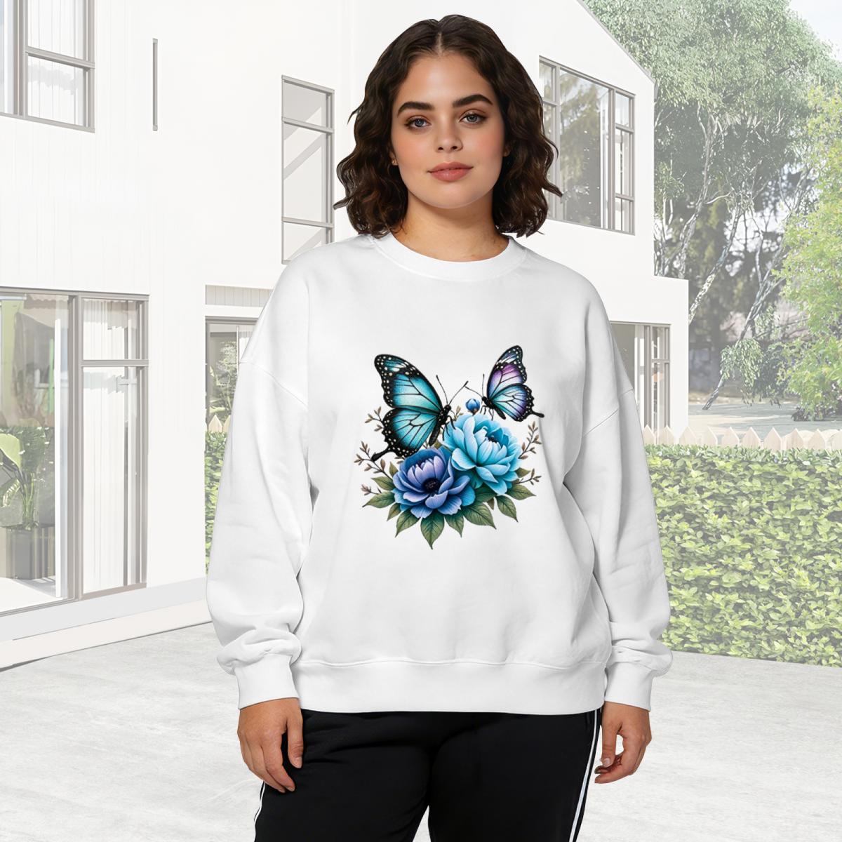 Dreamy Blue Butterfly & Flower Art Crewneck Sweatshirt