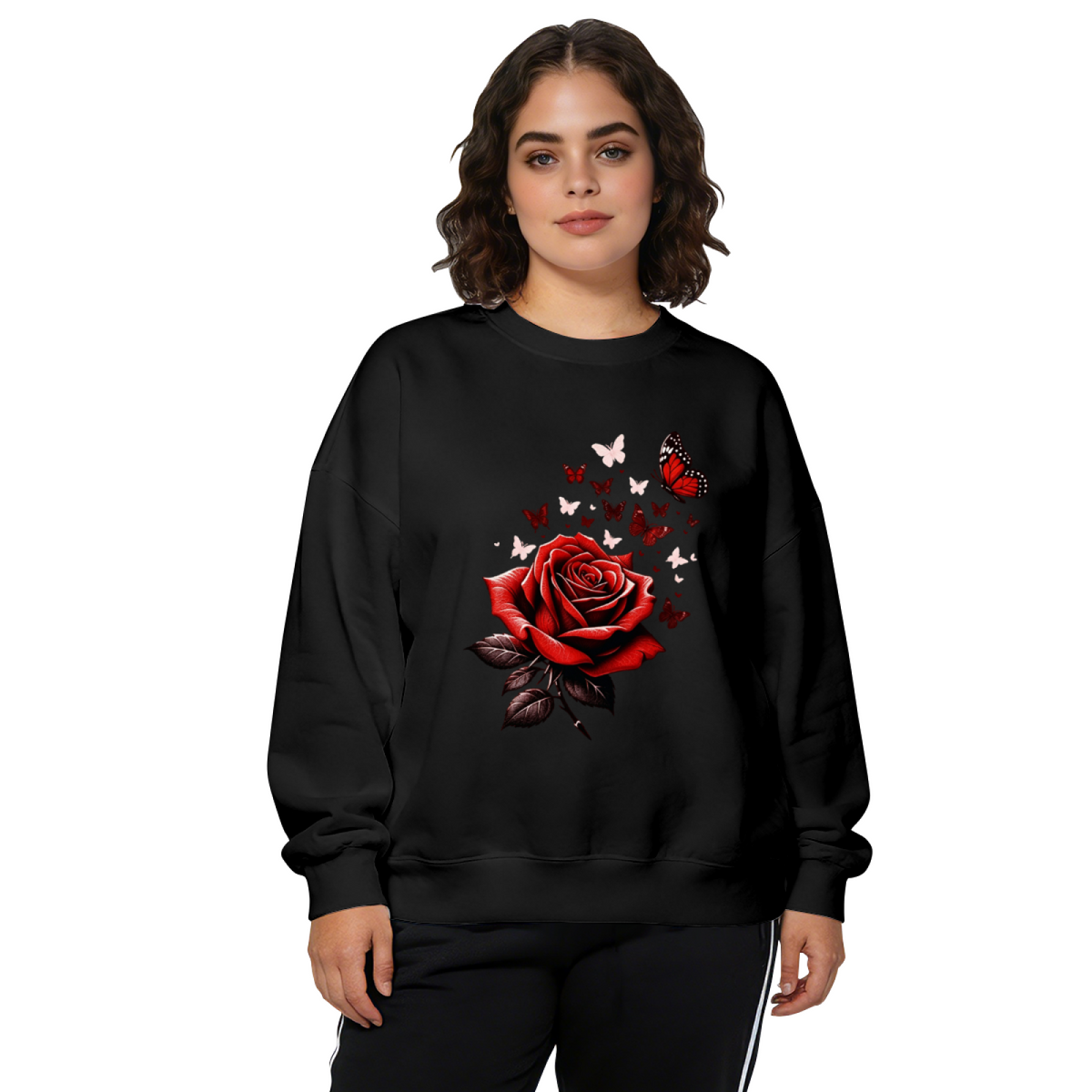 Bold Red Rose With Romantic Flying Butterflies Crewneck Sweatshirt