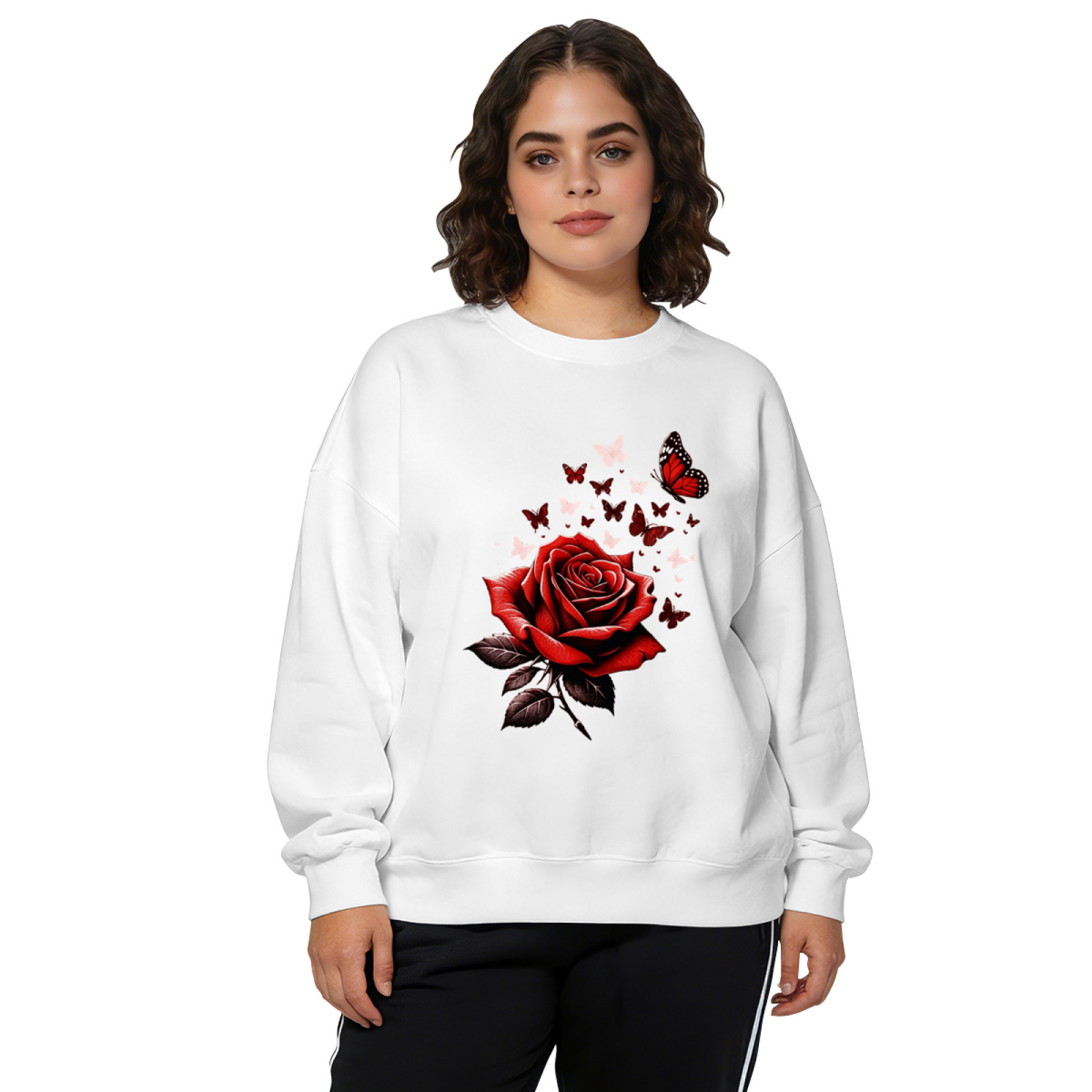 Bold Red Rose With Romantic Flying Butterflies Crewneck Sweatshirt