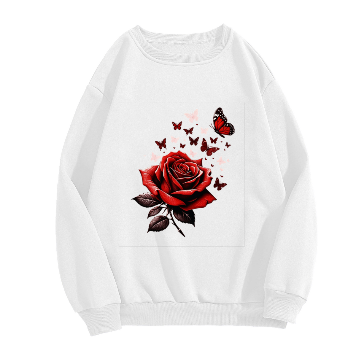 Bold Red Rose With Romantic Flying Butterflies Crewneck Sweatshirt