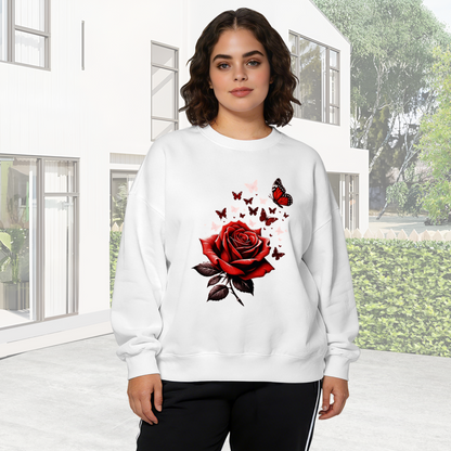 Bold Red Rose With Romantic Flying Butterflies Crewneck Sweatshirt