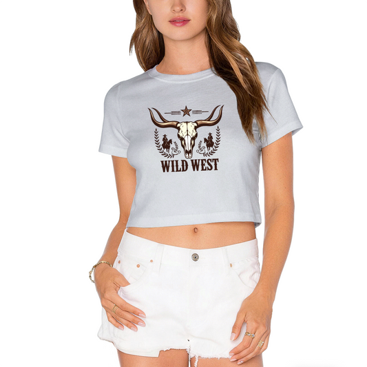 Wild West Longhorn Cowboy Western Retro Gray Crop Tee