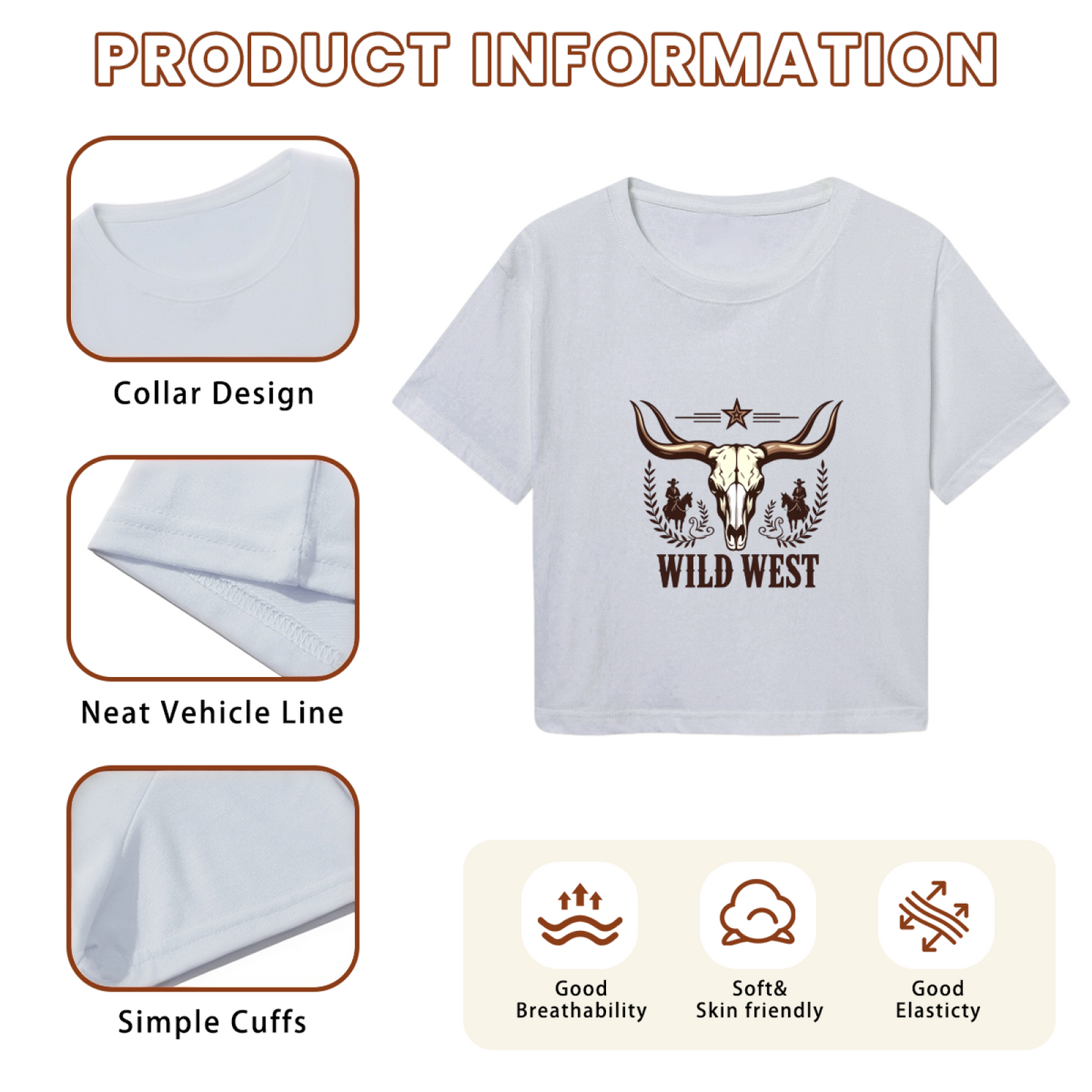 Wild West Longhorn Cowboy Western Retro Gray Crop Tee