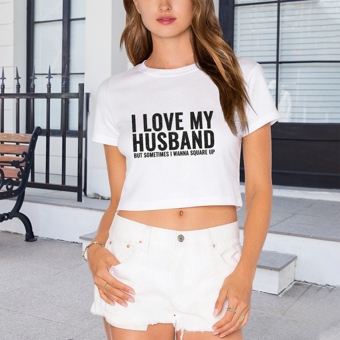 Funny Wife Slogan I Love My Husband White Crop Top