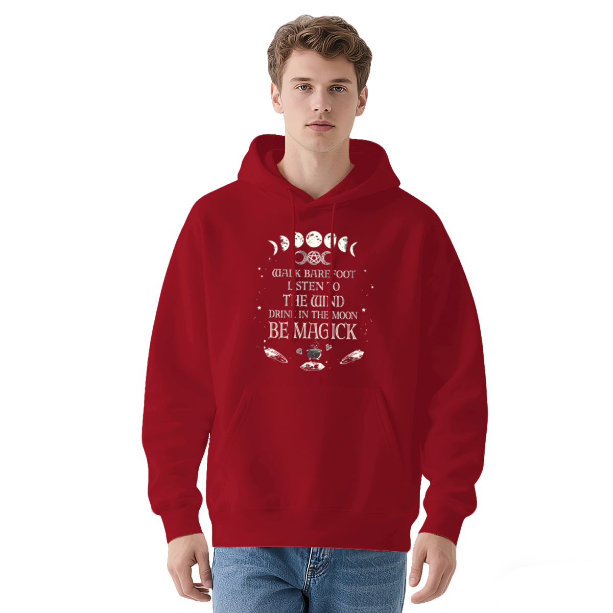 Moon Phase Witch Magick Red Hoodie, Soft Cozy Mystical Casual Hoodie