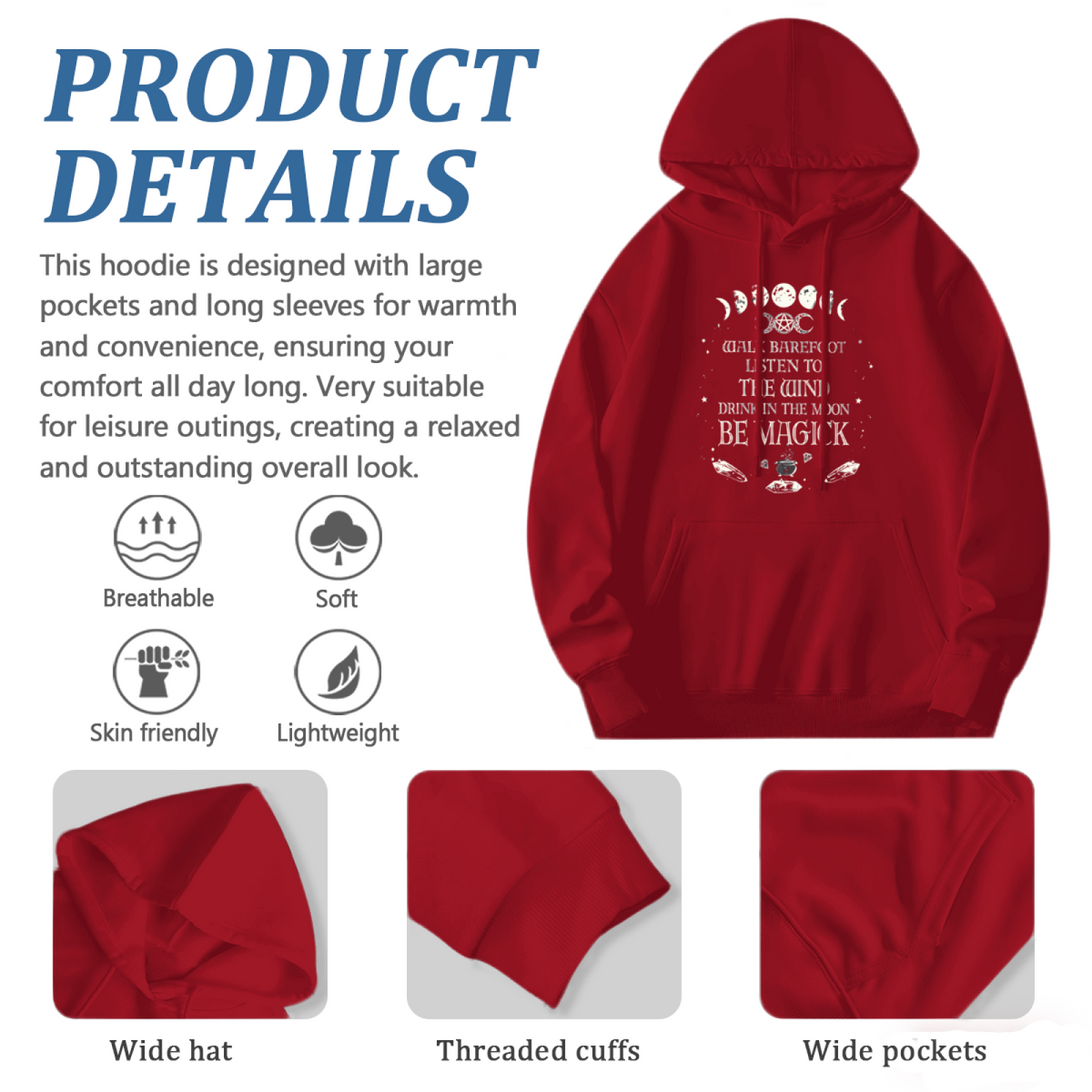 Moon Phase Witch Magick Red Hoodie, Soft Cozy Mystical Casual Hoodie
