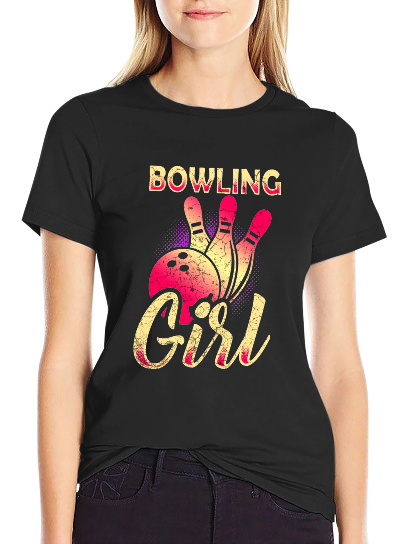 Bowling Girl Graphic Tee - Black Cotton T-Shirt