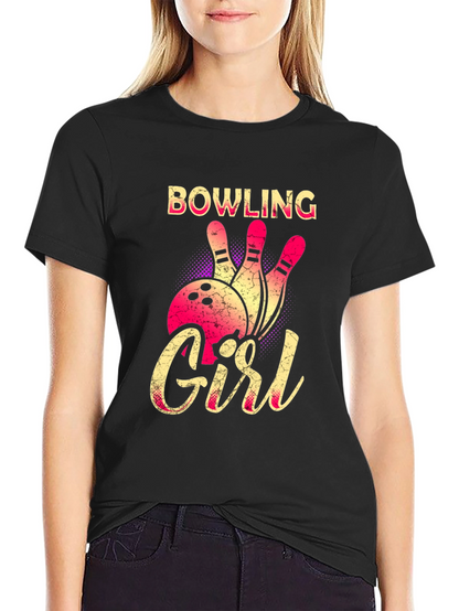Bowling Girl Graphic Tee - Black Cotton T-Shirt