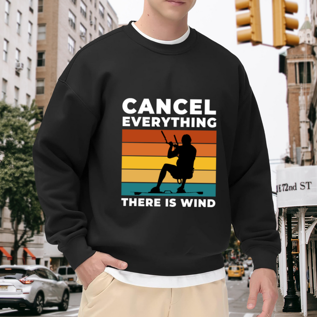 Cancel Everything There Is Wind Crewneck Sweatshirt, Retro Kite Surfing Enthusiast Graphic Pullover