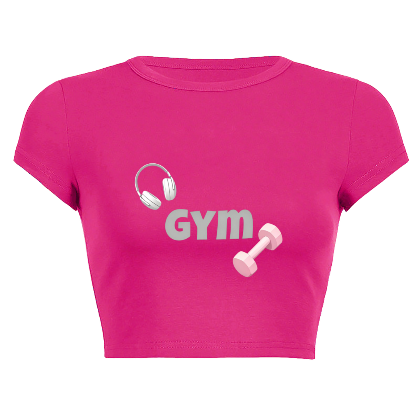 Hot Pink Gym Dumbbell Headphones Workout Crop Top ¨C Fitness Girl Slim Tee