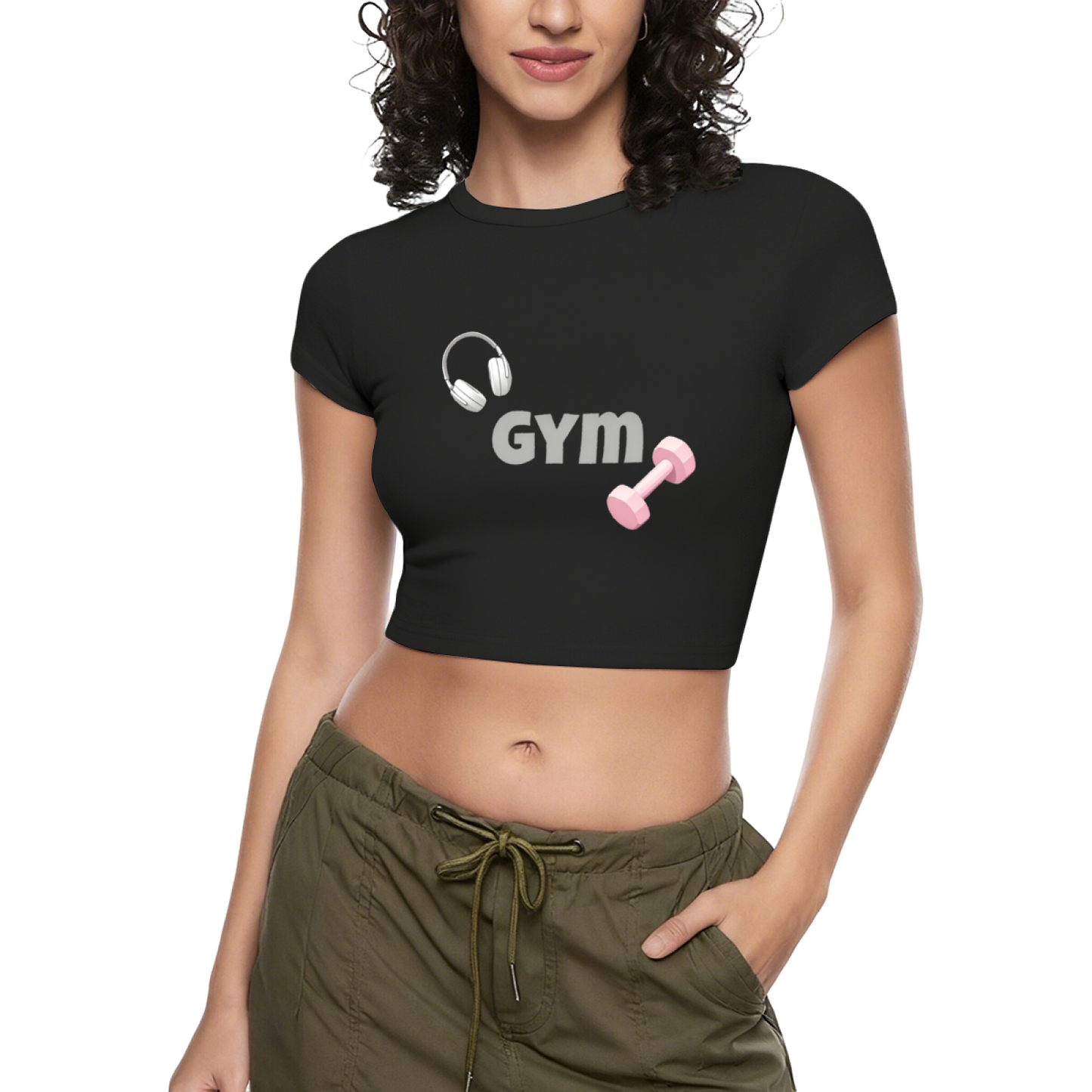 Hot Pink Gym Dumbbell Headphones Workout Crop Top ¨C Fitness Girl Slim Tee