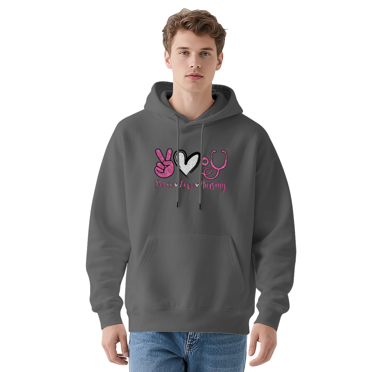 Peace Love Nursing Nurse Theme Cute Graphic Hoodie, Cozy Unisex Daily Hooded Top
