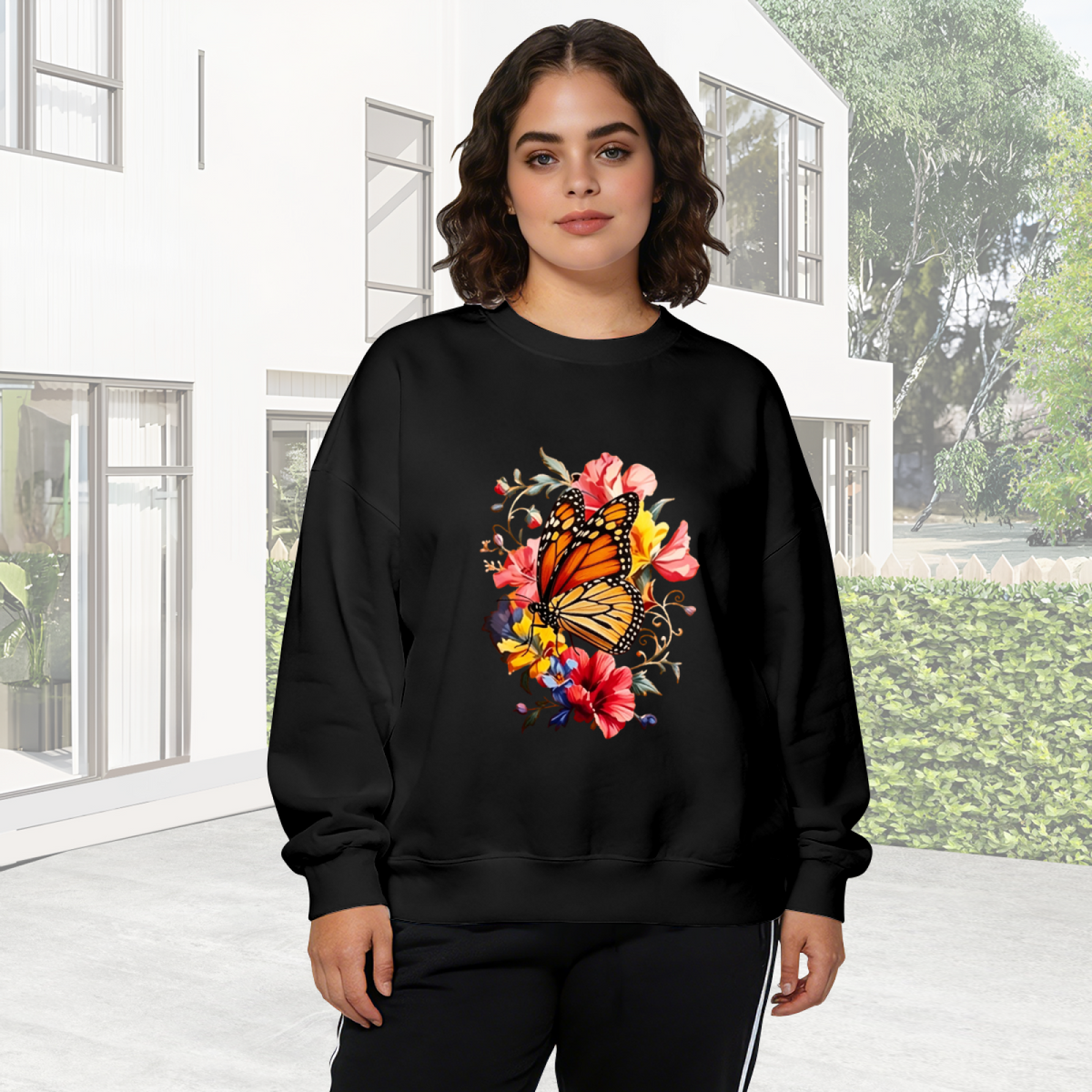 Monarch Butterfly & Vibrant Floral Art Crewneck Sweatshirt