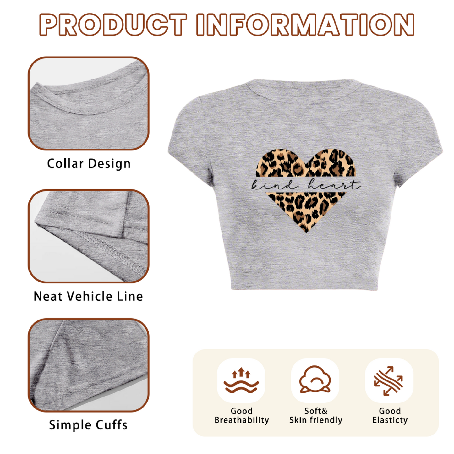 Leopard Kind Heart Soft Heather Grey Crop Top