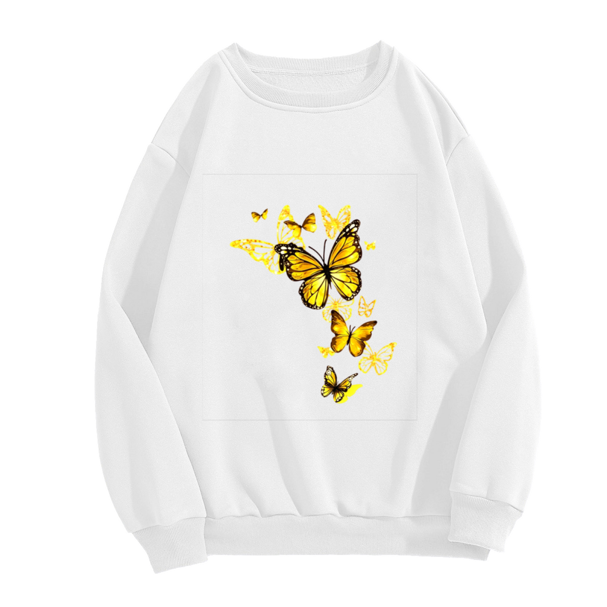 Sunny Golden Butterflies Art Graphic White Crewneck Sweatshirt