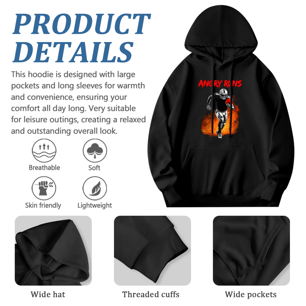 Angry Runs Fire Football Player Black Hoodie, Sporty Comfort Mens Hooded Top
